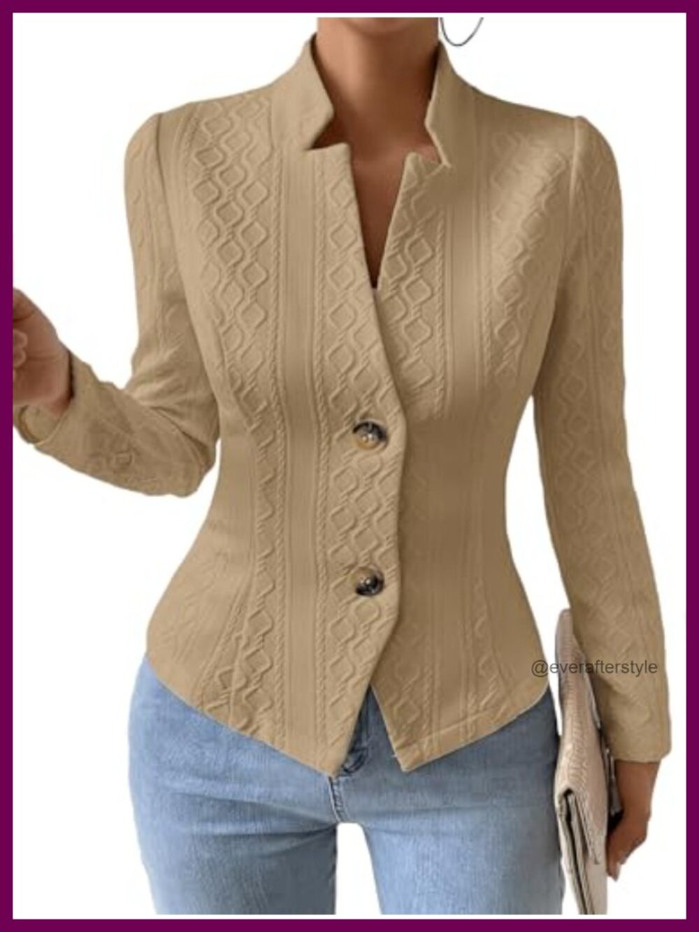 Jacquard Knit Sweater Blazer Jacket Slim Stand Collar V-Neck Full-Lined